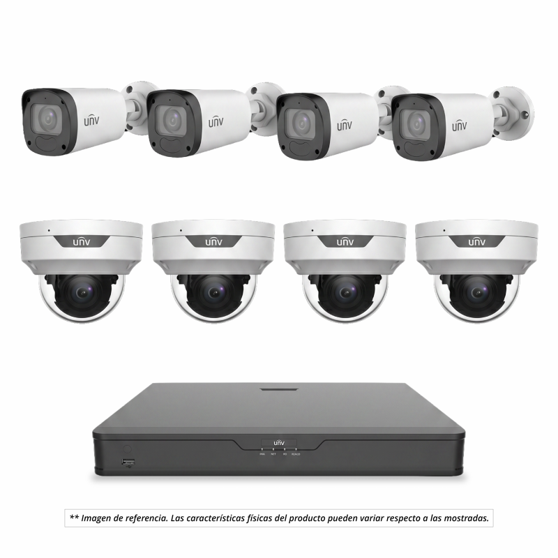 Kit de Videovigilancia incluye: 1 Grabador NVR de 16 canales PoE, 4 cámara minidomo IP de 2MP y 4 cámara bala IP de 2MP