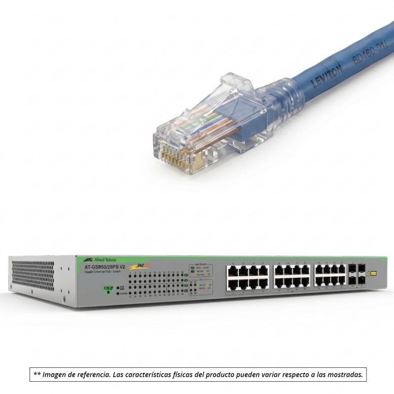 Kit Switch Allied Telesis 24 puertos RJ45 PoE+ 1GB + 4 puertos SFP 1GB, adicional 24 patch cords categoria 6 Leviton de 30 cm