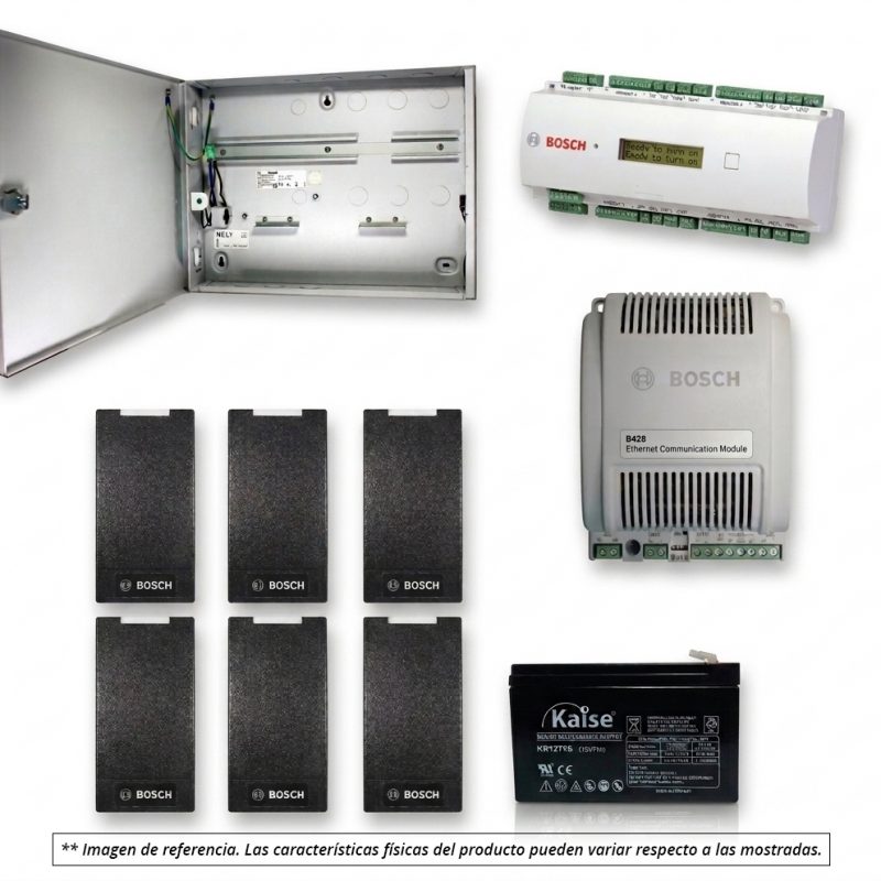 Kit de Control de Acceso Corporativo, incluye: 1 Controlador de Accesos, 1 Fuente de Alimentación, 1 Gabinete Metálico, 6 Lectores de Proximidad y 1 Batería de Respaldo