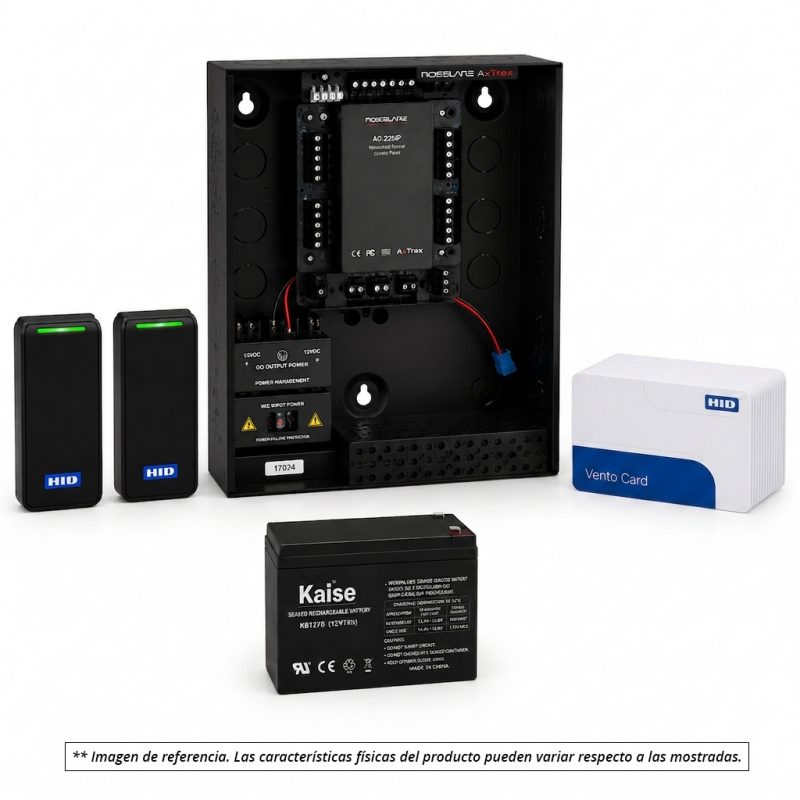 Kit de control de accesos para 1 puerta, incluye: 1 controladora (capacidad de 2 lectores, incluye fuente y batería), 2 lectores, incluye 20 credenciales físicas y 20 credenciales móviles