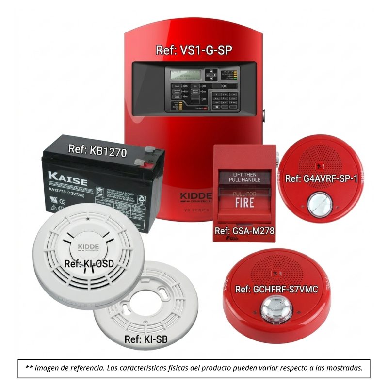 Kit de Alarma y Notificación Kidde y Edwards: panel VS1, detector KI-OSD, estrobos y batería 7Ah.
