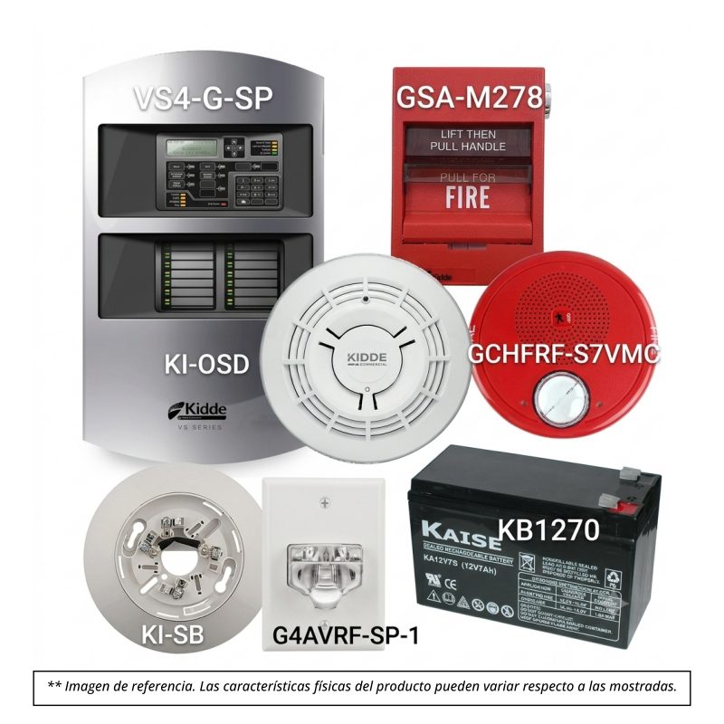 Kit Alarma Kidde VS4: panel 250 pts, detector KI-OSD, estrobos, estación manual y batería 7Ah.